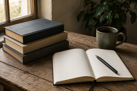 Bücher und Notizbuch – LifeBuilder Empfehlungen Bücher, Notizbuch und Kaffeetasse auf einem Holztisch